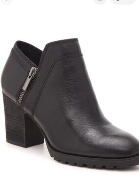 Lucky Brand Natlee Black Leather Block-Heel Ankle Boot with Side Zip